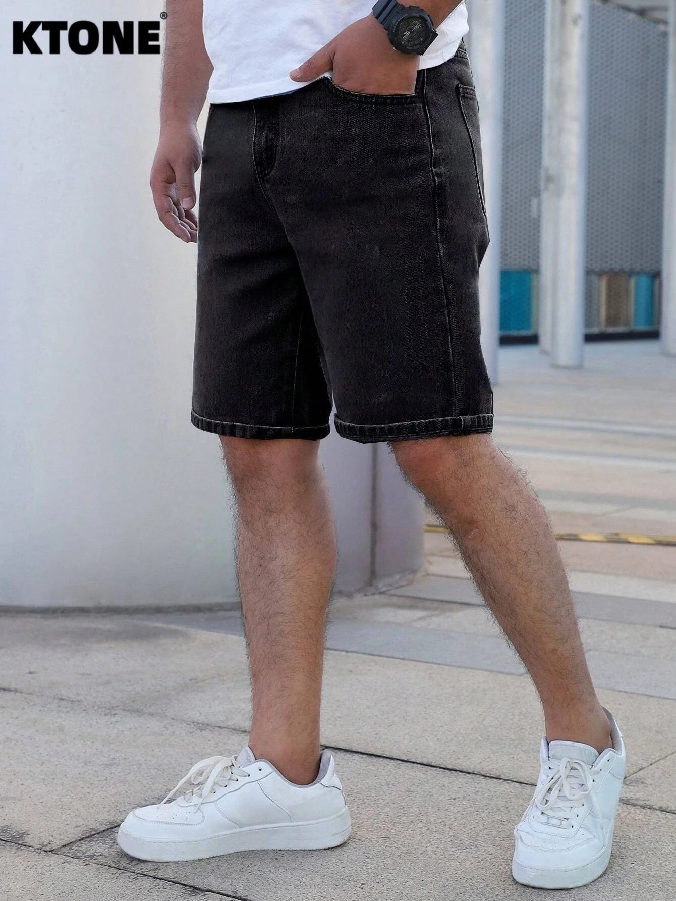 

Loose fit black non stretch denim jorts for men casual solid color simple street style daily wear shorts