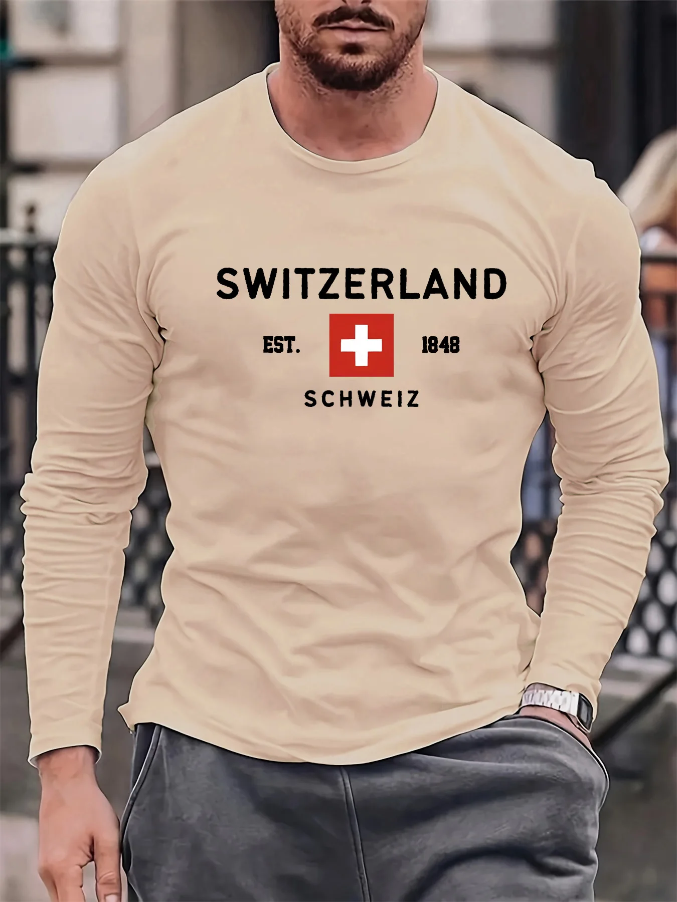 100% Pure Cotton Men's Long Sleeved Round Neck Loose Switzerland Pattern Printed Spring and Autumn Casual Versatile T-Shirt Top gallery 4