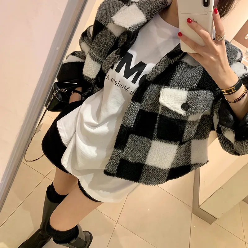 

ort Cotton Jaet Women's Chic Korean Sle Winter New Flip Collar Faionable Retro Plaid Coat Warm Comfortable Top