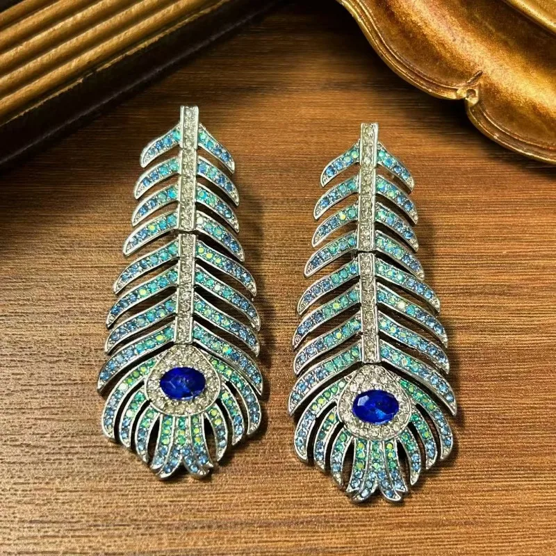 Vintage Light Luxury Feather Earrings, Full Rhinestone Inlaid Elegant Unique High-end Women Fashion Jewelry