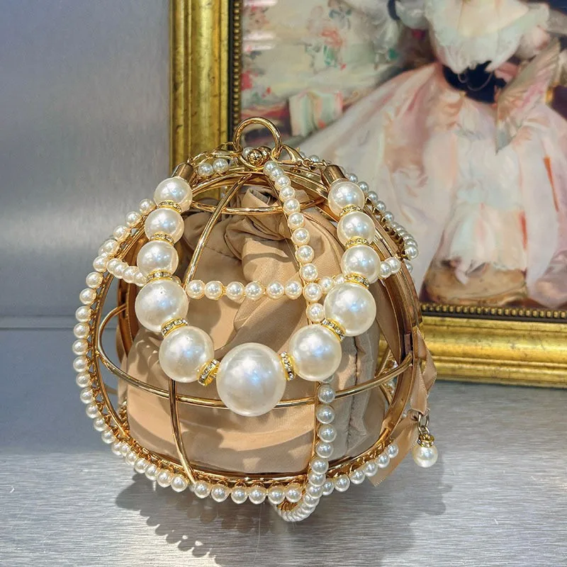 

Luxury Wedding Clutch Bag Ball Handmade Pearl Hollow Out Metal Cage Handbag Party Purse High Quality Evening Bag
