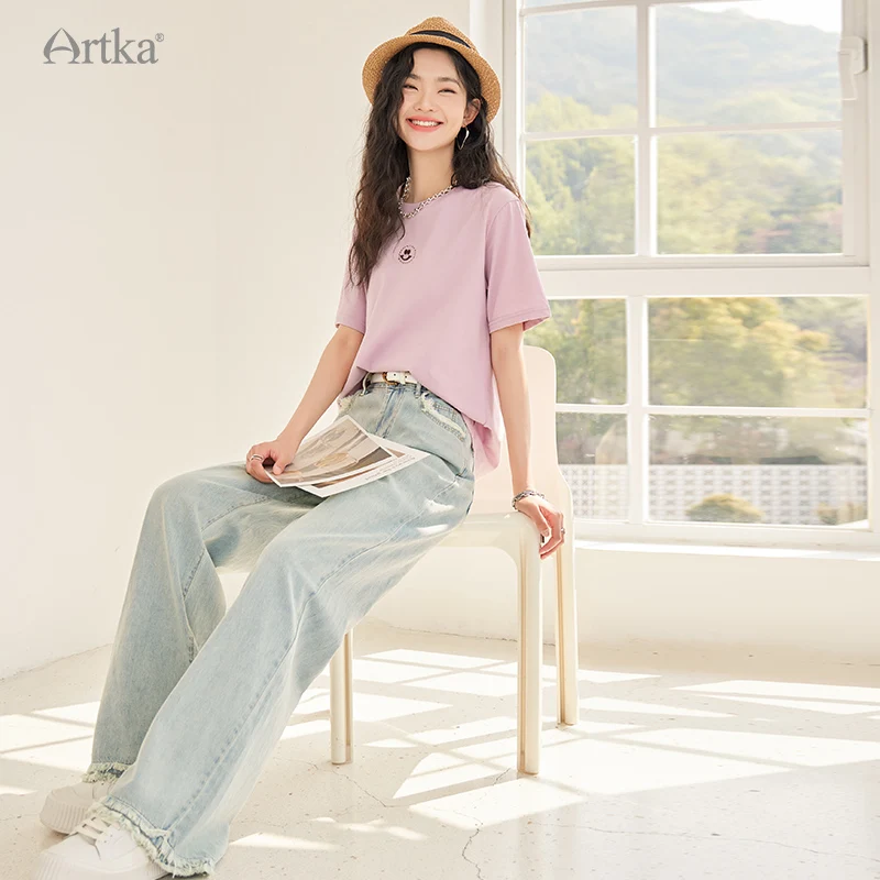 ARTKA 2023 Spring Summer New Women Jeans Fashion Casual High Waist Straight Jeans Loose Wide Leg Washed Denim Pants KN92133X