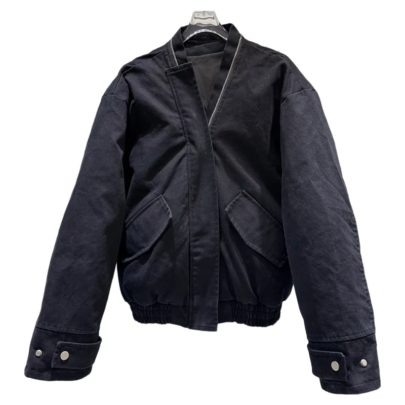 

Retro American Workwear Sle Zipper Loose Waist Jaet V-Ne Cotton Women's Faion Winter New Arrival Waist-Cinching Coat