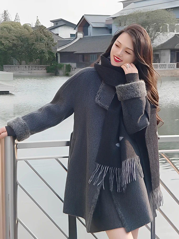 

Женское двустороннее шерстяное пальто Ele, осенне-зимнее, корейский стиль, средней длины, серия Aurora, модное, теплое, с длинными рукавами