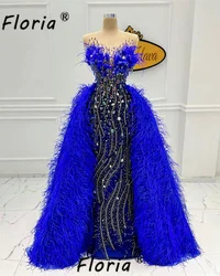 Major Feathers Crystal Royal Blue Dubai Formal Ceremony Gowns With Detachable Train Rhinestone Jewel Evening Party Dress Wedding