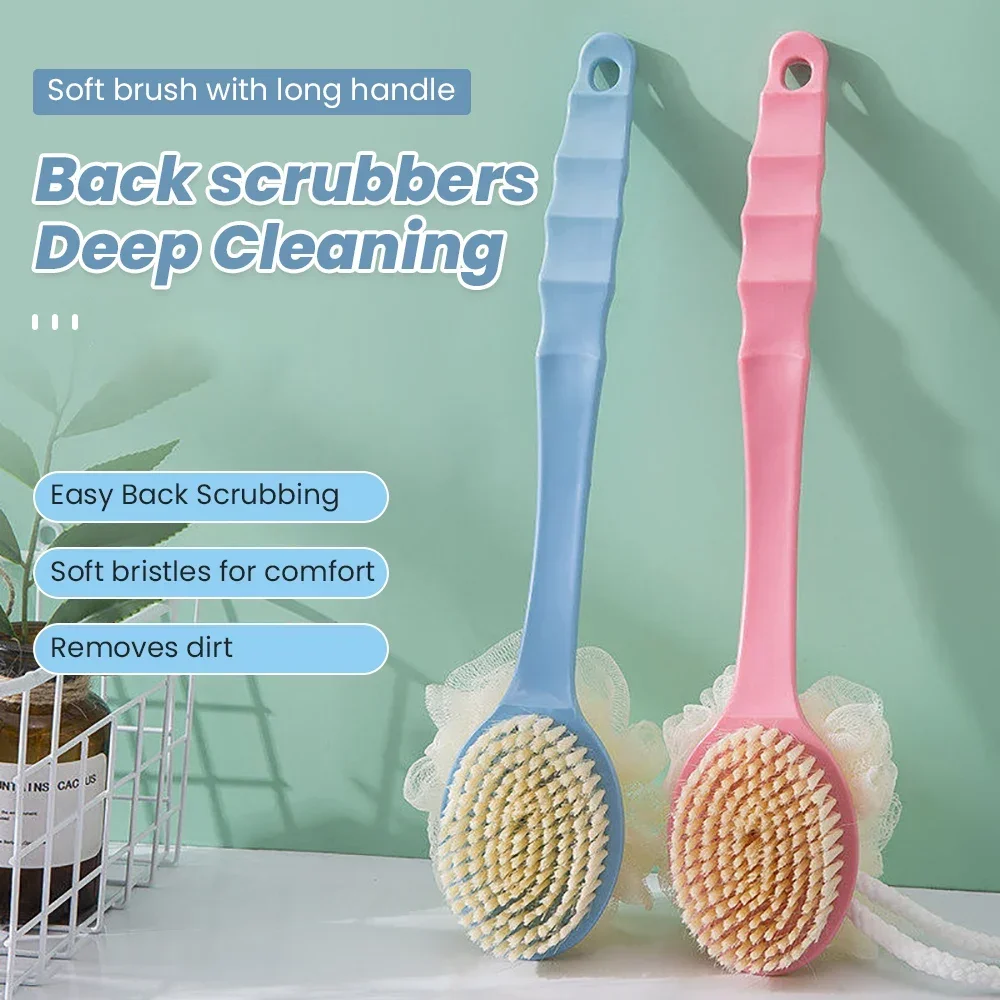 2 in 1 Long Handle Bath Brush Soft Hair Double Side Massage Bath Brush Bathroom Body/Back Brushes Mud Skin Scrubber with Hooks