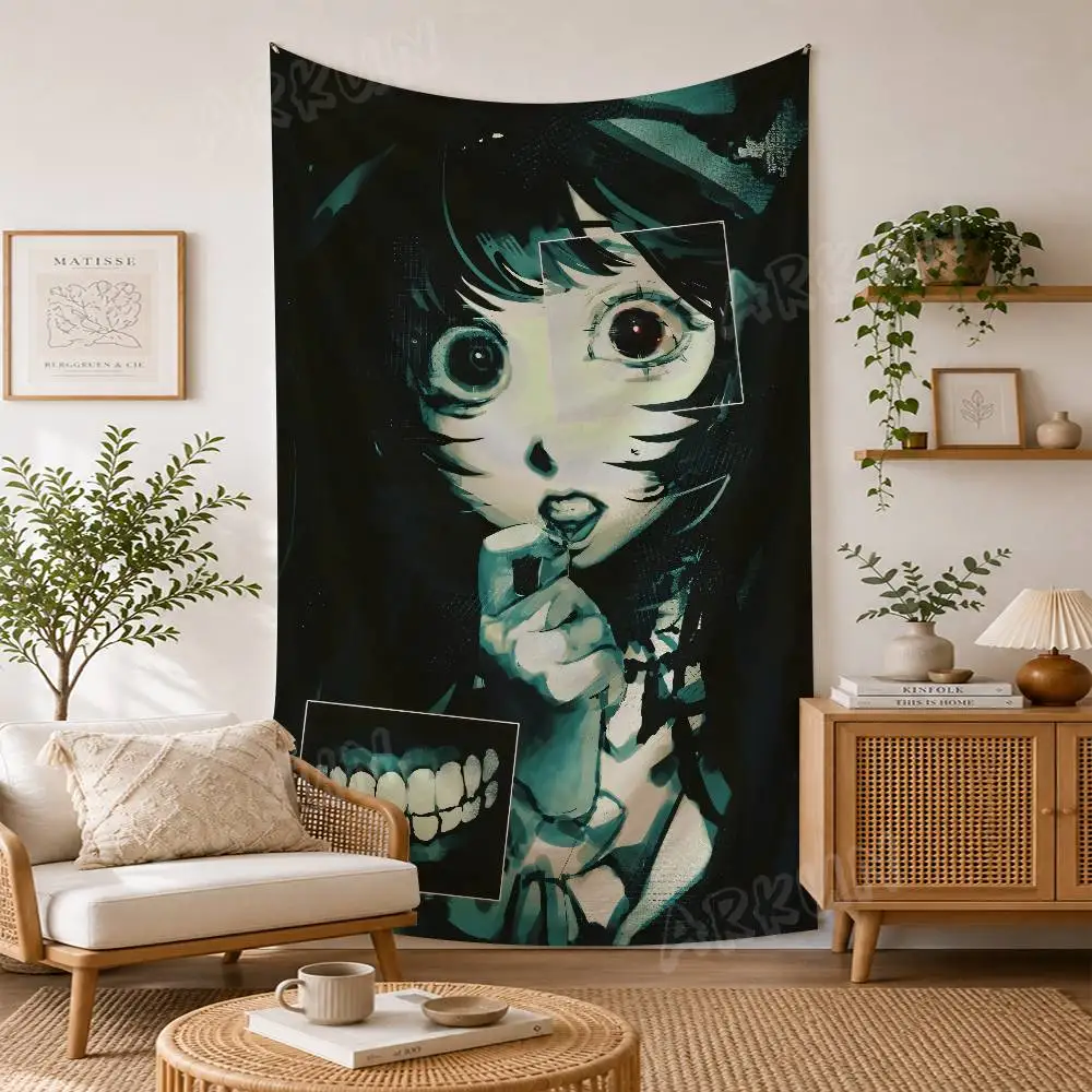Dark Grunge Anime Portrait Tapestry Retro Filter Horror Style Wall Hanging, Teal Tone Distorted Character Art Bedroom Room Decor