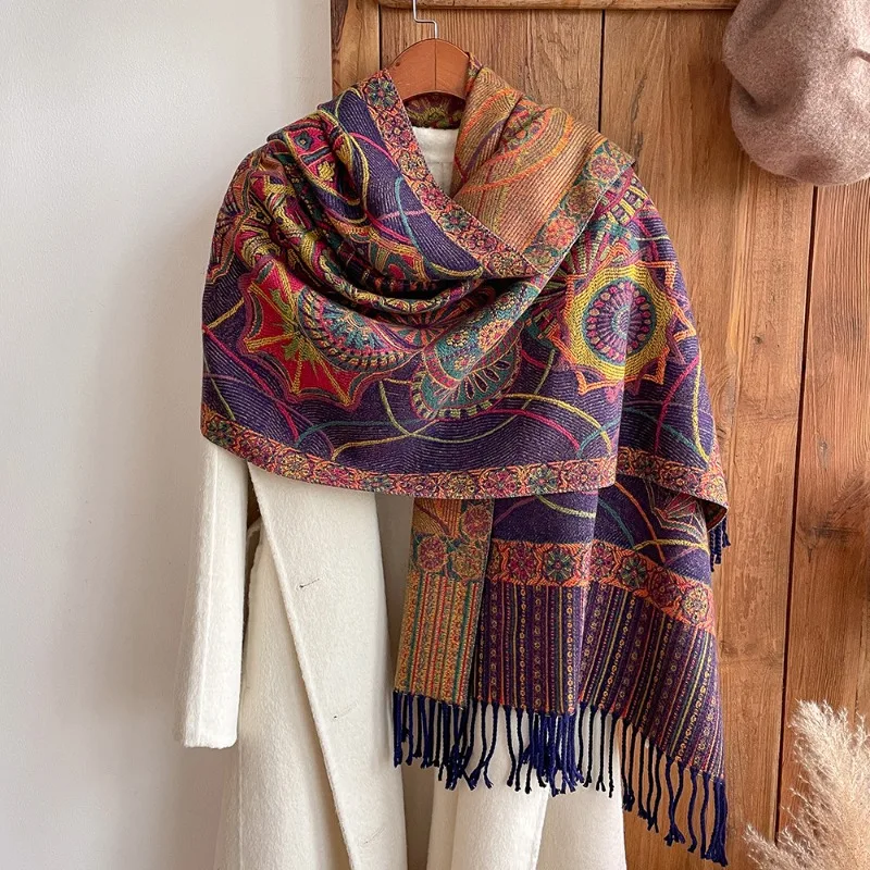 Retro Tassel Shawl Ethnic Style Scarf Women\'s Imitation Cashmere Cape Literary Festival Warm Autumn and Winter Ethnic Style New