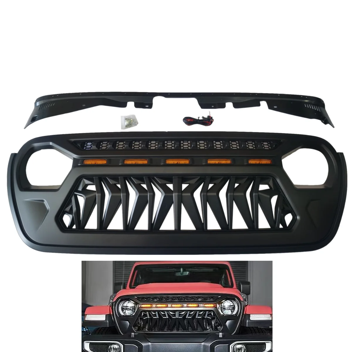 

Lantsun для Jeep JL Передняя решетка ABS lantsun Передняя лицевая решетка Решетка капота с подсветкой для Jeep для Wrangler JL2018+, Черный JL1264