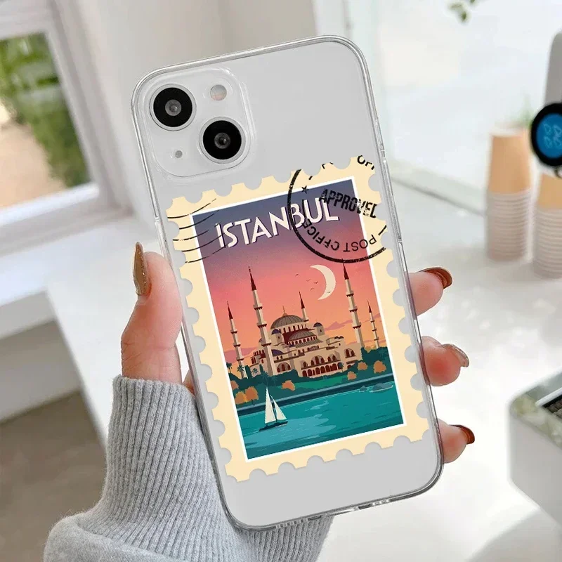 Fashion World City Travel Ticket Stamps Phone Case for IPhone 14 11 12 13 Mini Pro XS MAX 8 7 16 15 Plus X SE2 Paris Clear Cover