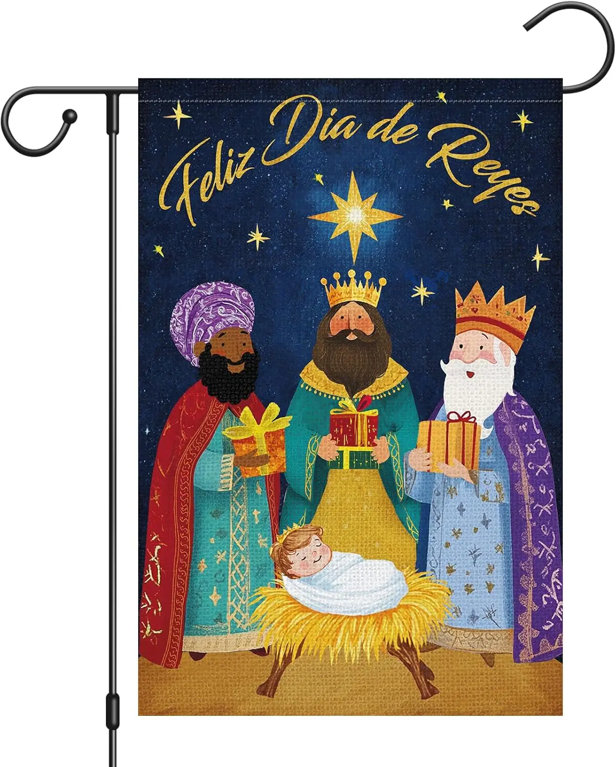 Heyfibro Feliz Dia De Reyes Garden Flag Three Kings Christmas Flags 12 x 18 Inch Double Sided Burlap,Nativity Christ Yard Ba zzo