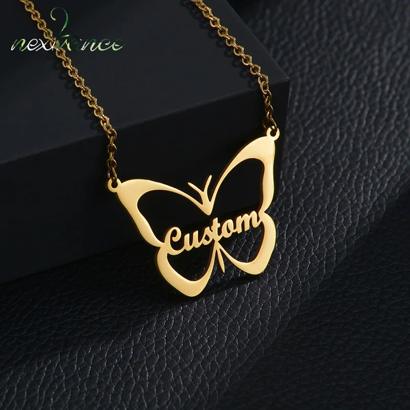 

Nextvance Customized Name Necklace Stainless Steel Personalise ID Butterfly Pendant For Women Birthday Jewelry Accessories Gift