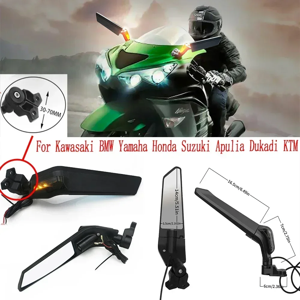 For Kawasaki BMW Yamaha Honda Suzuki Apulia KTM Motorcycle Mirror Modified Wind Wing Adjustable Rotating Rearview led Mirror Mot