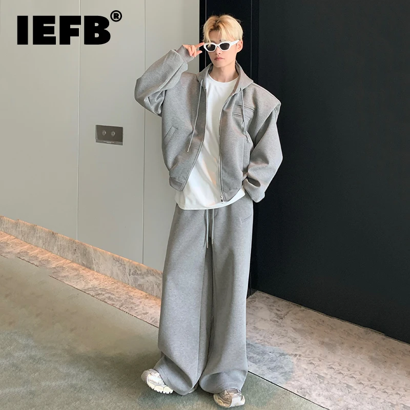 IEFB Highend Trend Men\'s Jacket Sets Fashion Shoulder Pads Hooded Sweater Two Piece Loose Elastic Straight Leg Baggy Pant 9C1162