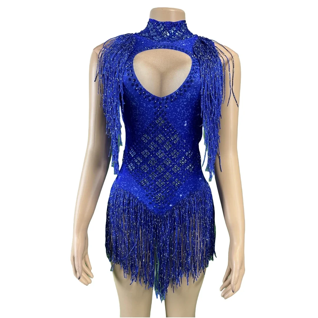 

Women Royal Blue Fringe Spandex Rhinestone Las Vegas Show Girl DJ DS Gogo Bodysuits Pole Dancing Glitter Costume