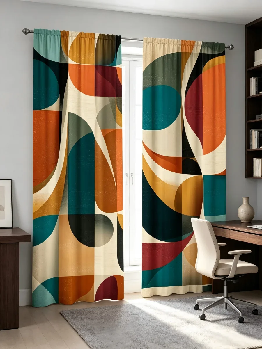 2PCS Digital Printed Curtain, Modern Geometric Circle Arc Pattern, Colorful Retro Mid Century Style Window Drapes for Home