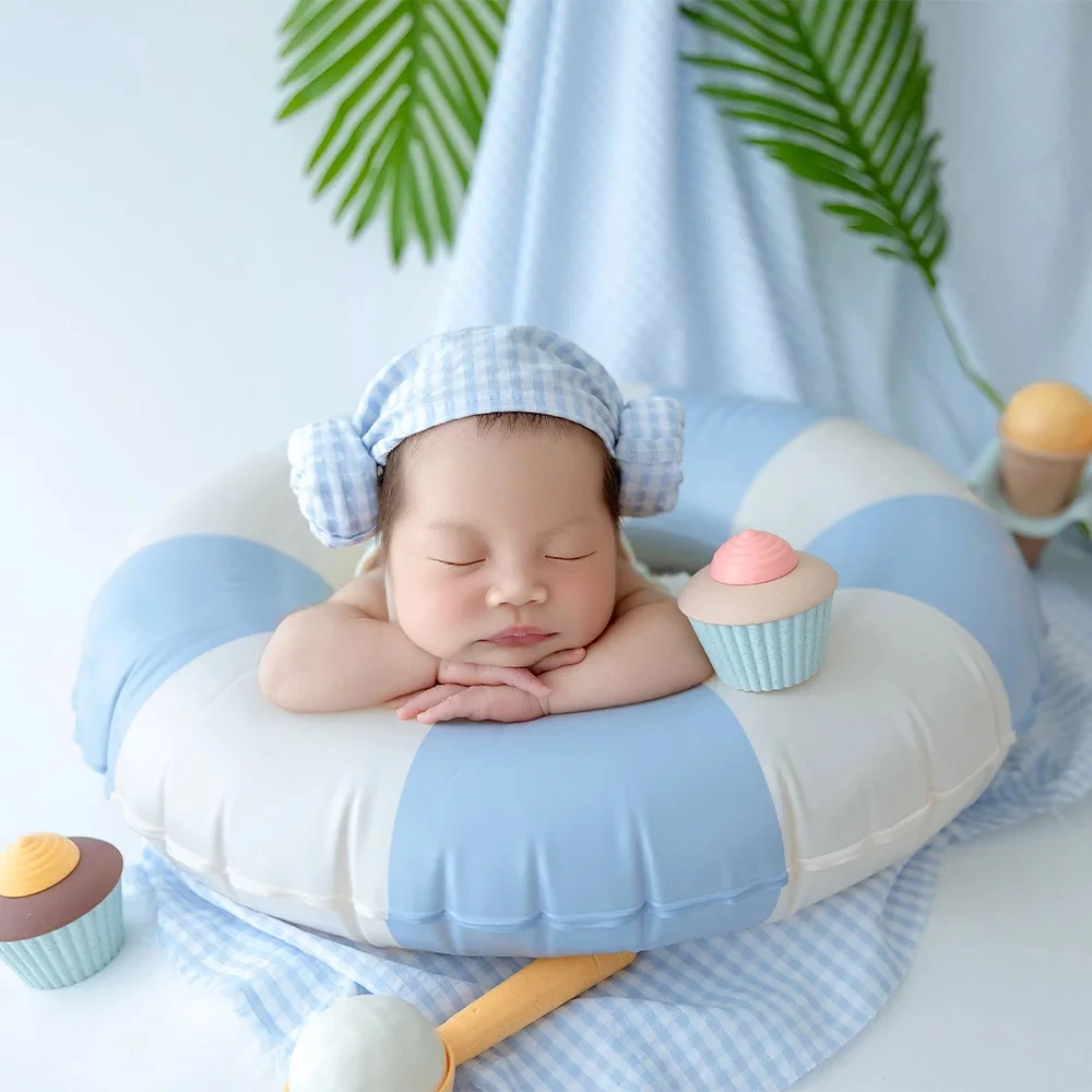 Newborn Photography Props Hawaii Swimming Pool Theme Baby Clothing Headscarf Set Swimming Ring Ice Cream Infant Posing Accessory