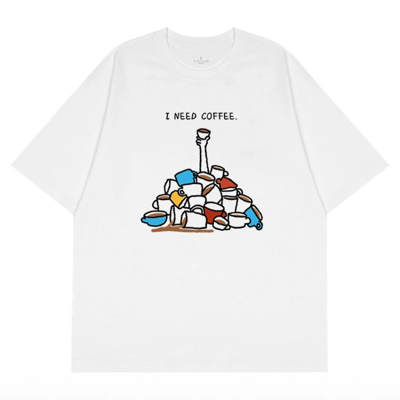Coffee Short-Sleeved T-Shirt - Men's and Women's Summer Hand-Drawn Coffee Cup Print Casual Shirt