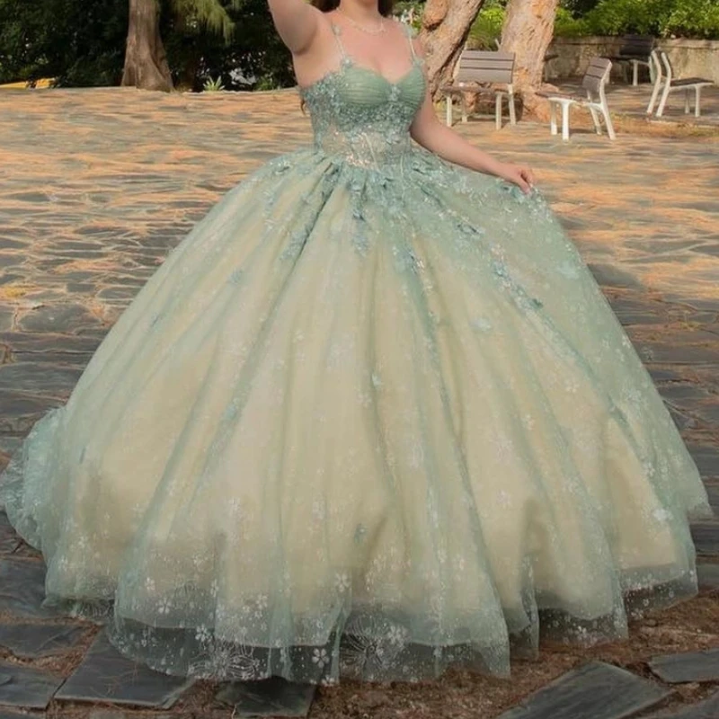 2024 Sage Green Quinceanera Dresses Ball Gown Spaghetti Strap Lace Beading Tulle Lace-Up Backless Party Princess Sweet 16 Dress