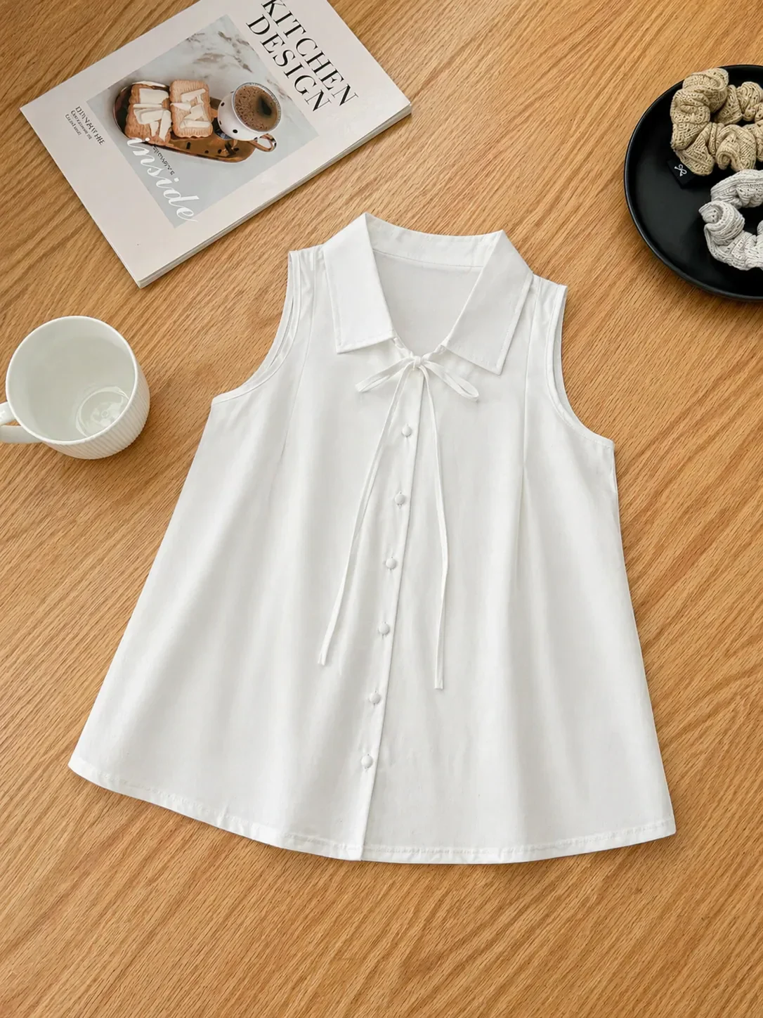 Korean Style Sleeveless Blouse Women Lapel Bow Tie Front Shirt Button Up White Vest Top Casual Office Summer Tank Shirts