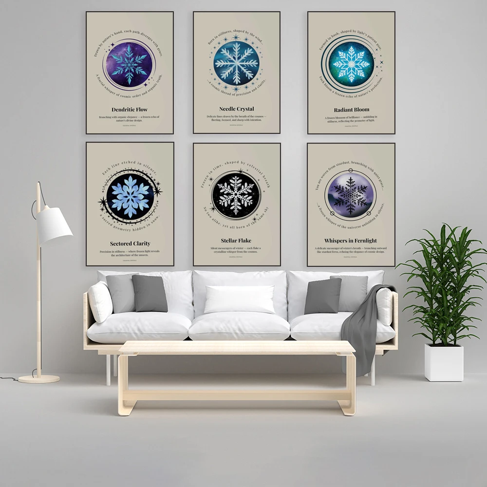 Branched snowflakes, star-shaped snowflakes, cosmic crystals, celestial ice art, spiritual nature poster, celestial winter decor