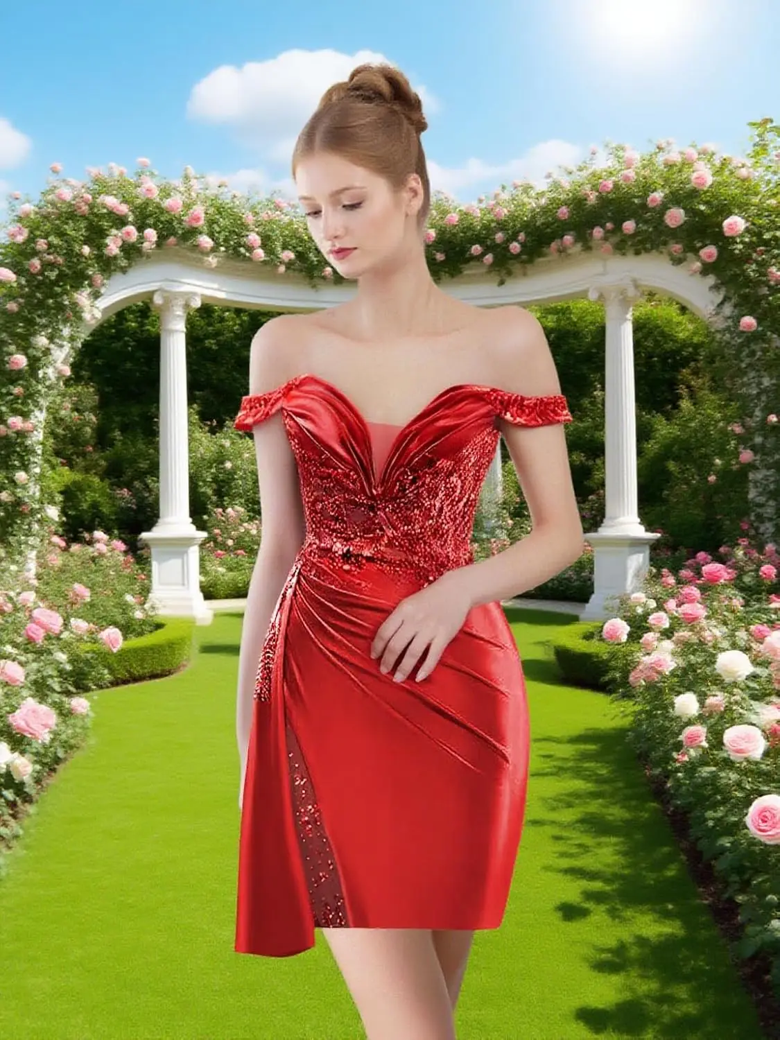 

Off Shoulder Satin Homecoming Dresses for Teens Beaded Short Prom Dress Pleated Cocktail Dress with Slit Tail