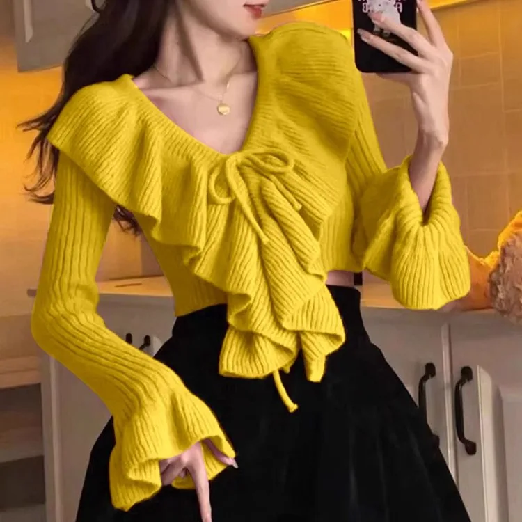 

Ruffles Patchwork Knitted Sweater for Women 2025 Spring New Bottoming Tops Mujer Y2k Aesthetics Long Sleeve Pullover