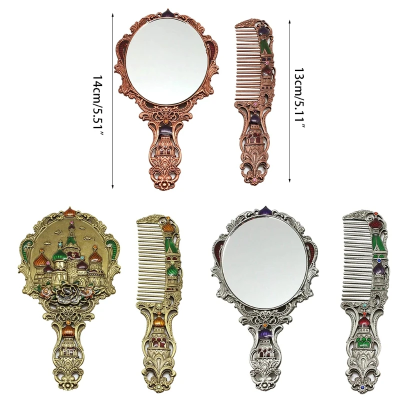 Espejo cosmético portátil Vintage Castle para mujer, juego espejo con estilo ruso y peine, envío directo