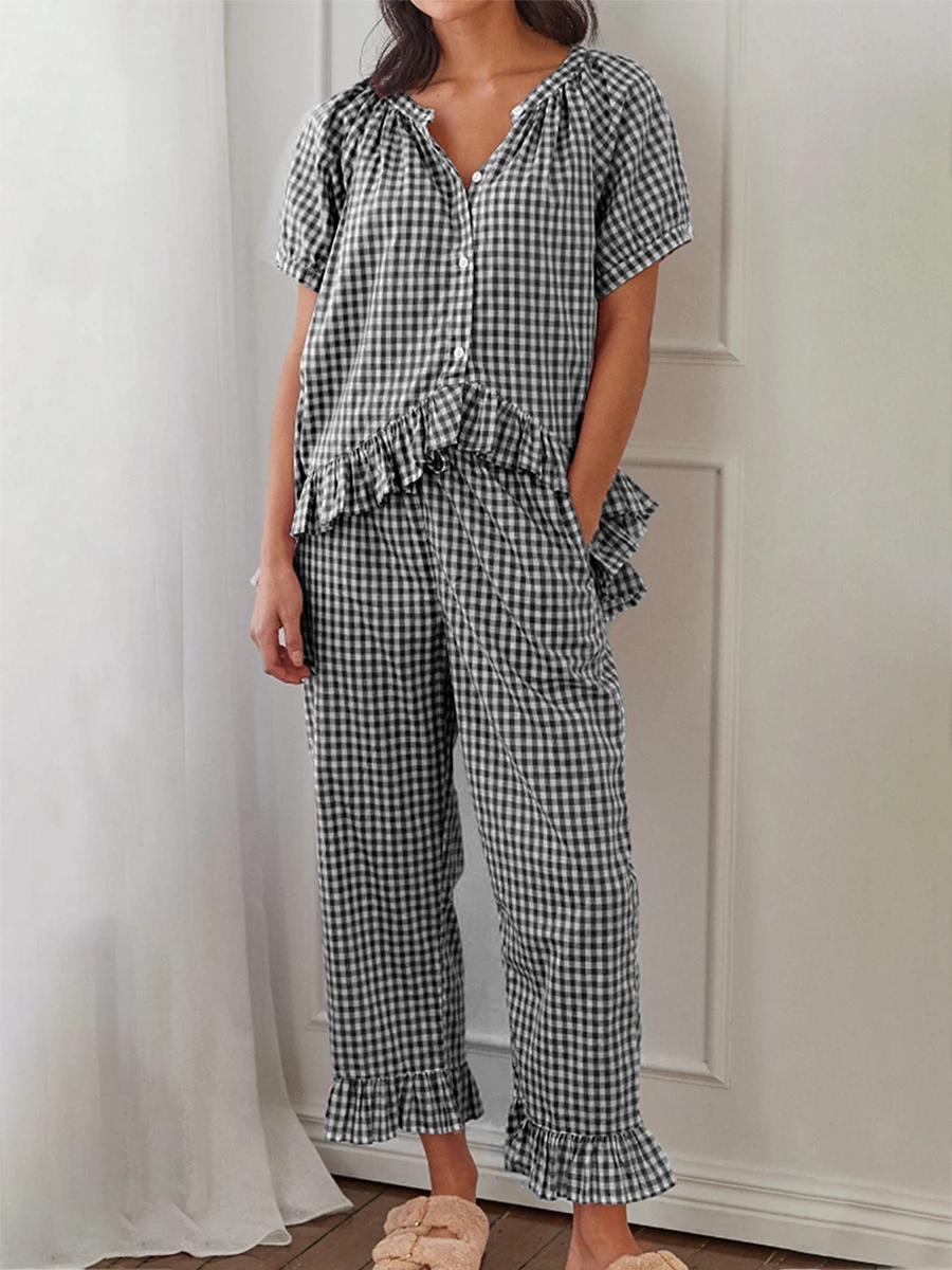 

Женский клетчатый пижамный комплект Y2K, рубашка в мелкую клетку с оборками на Подоле и коротким рукавом, штаны с высокой талией и колокольчиком, комплекты для отдыха