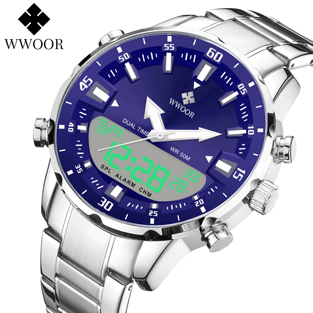 WWOOR-reloj Digital deportivo para hombre, cronógrafo de cuarzo con pantalla Dual, LED, resistente al agua, alarma y cronómetro militar