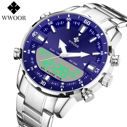 Wwoor Dual Display Heren Horloge Luxe Led Quartz Polshorloge Waterdichte Sport Digitaal Horloge Mannen Alarm Stopwatch Militaire Mannelijke Klok