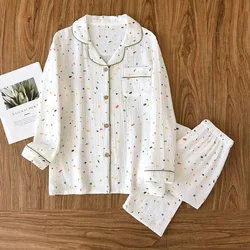 2024 Spring and Autumn Women's Pajama Set 100% Pure Cotton Crepe Fresh Lapel Long Sleeve Two piece Set Plus Size Home Fury