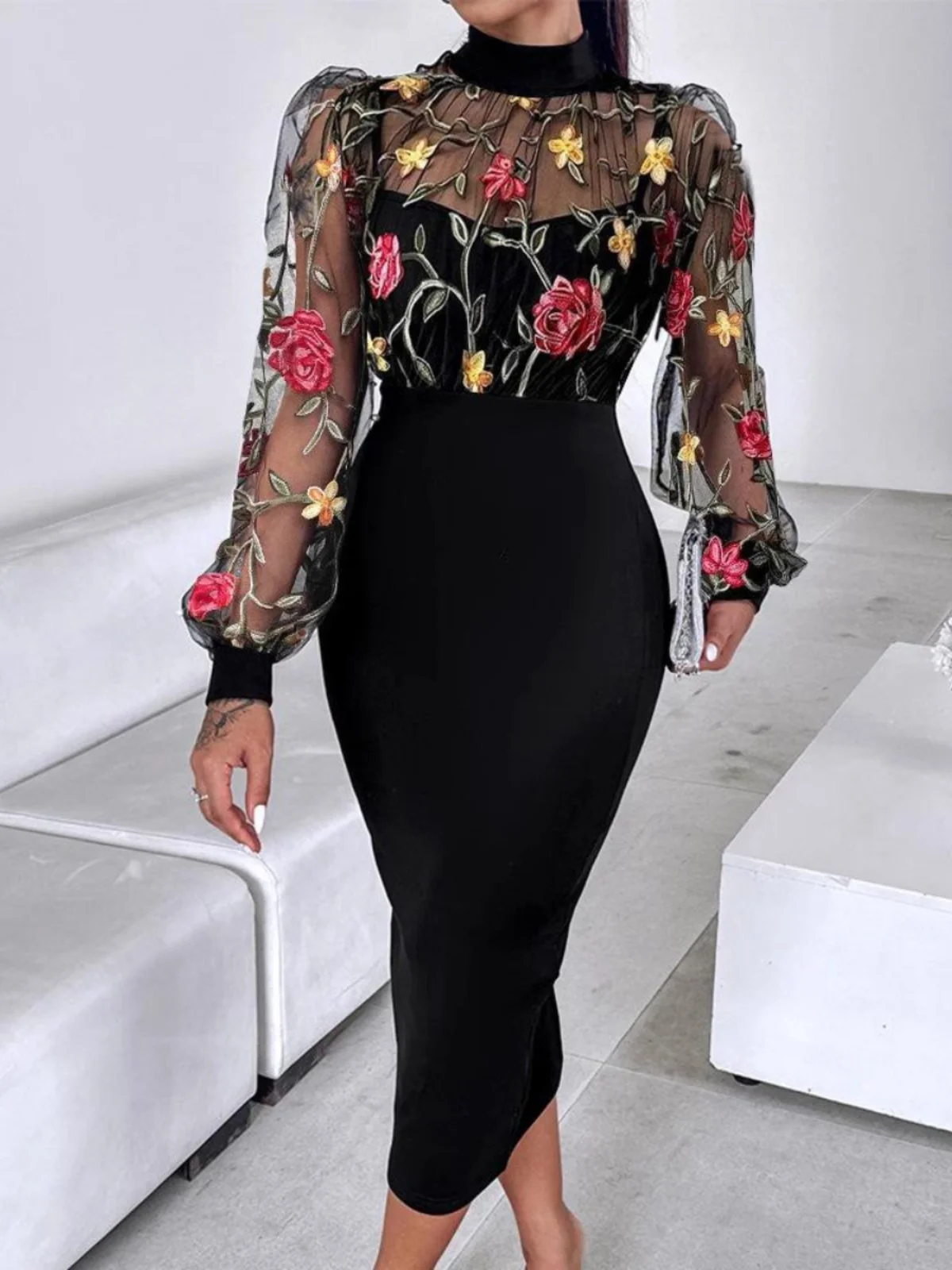 

Элегантное женское платье с вышивкой розами, длинным рукавом, завышенной талией и юбкой А-силуэта, для офиса, весна-лето, модное