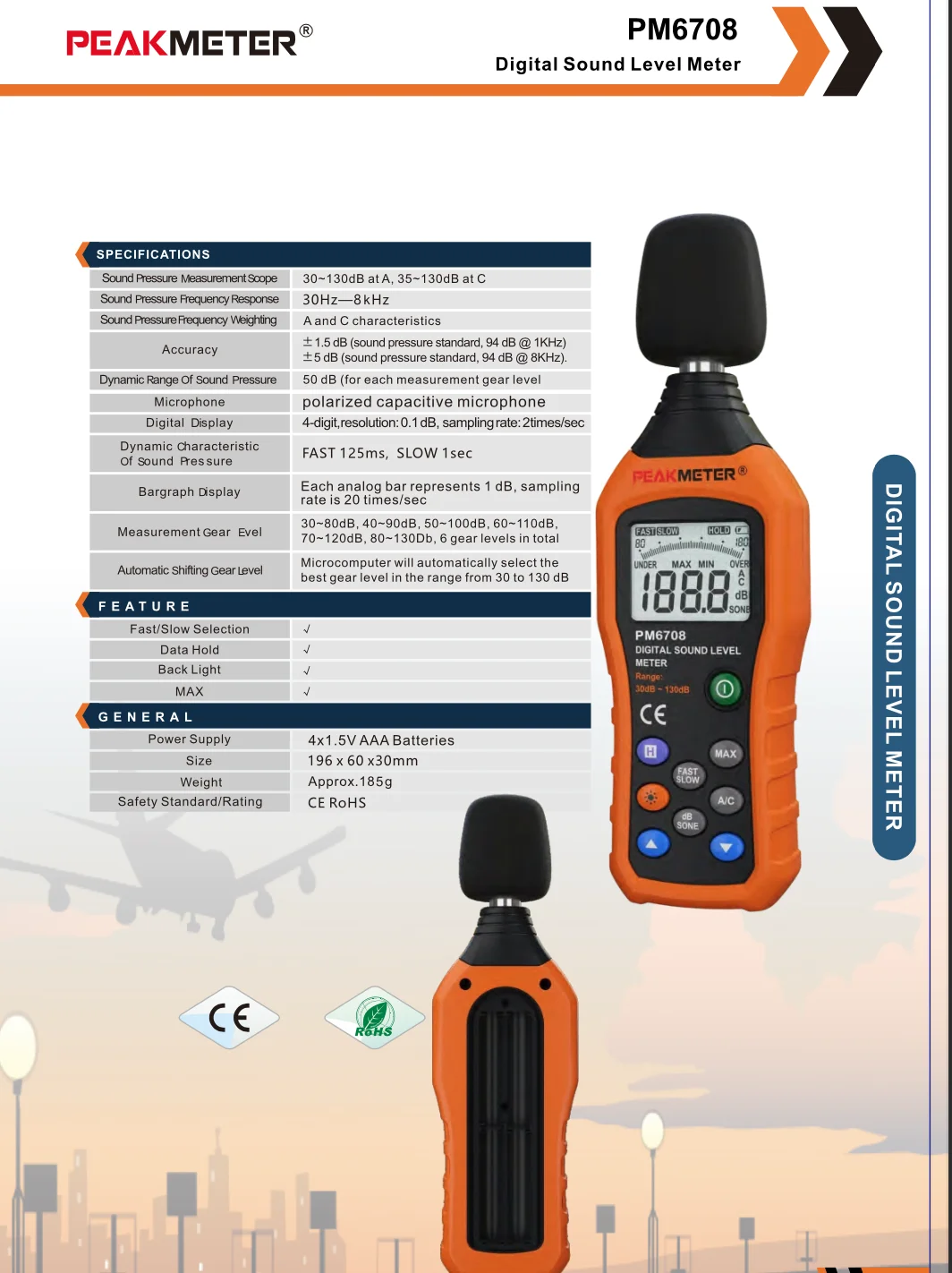 Peakmeter PM6708 Durable Environmental Meter Digital Audio Decibel Noise Level Meter With LCD Display Digital Sound Level Meter