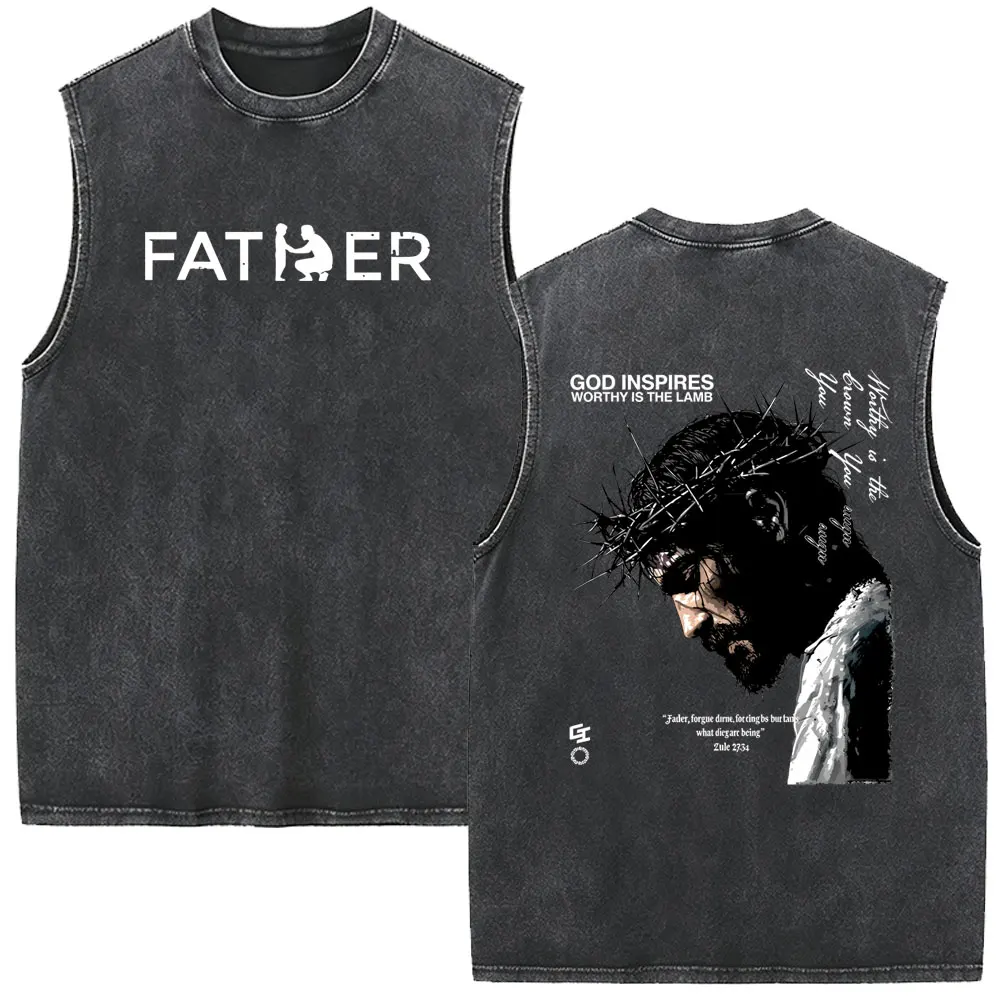 Christian Religious Jesus Father Forgive Them Vintage Washed Tank Tops Men Women Gothic Rock Oversized Sleeveless Vest T-shirt