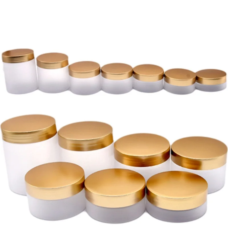 

Packing Container Plastic Frost Bottle Jar Gold Cover Wiht White Pad 50G 80G 100G 120G 150G 200G 250G Refillable Container 20Pcs