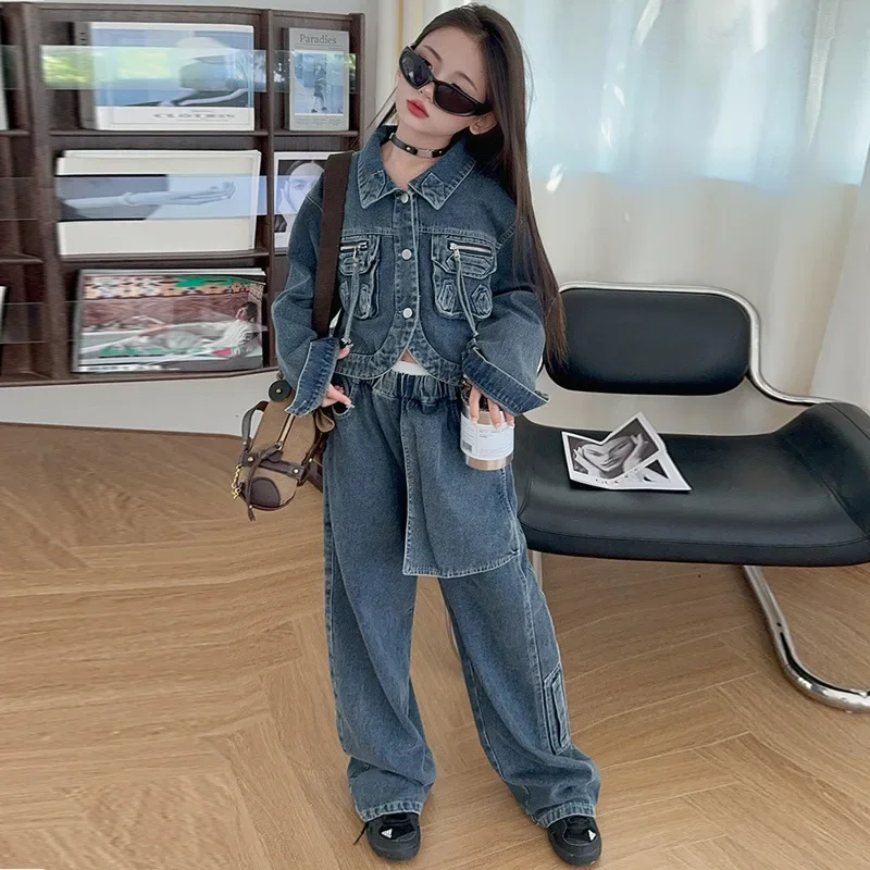 

Korean child clothing suit Irregular short denim jacket+cargo pants teen girls outfits autumn junior kids denim skirt jeans set