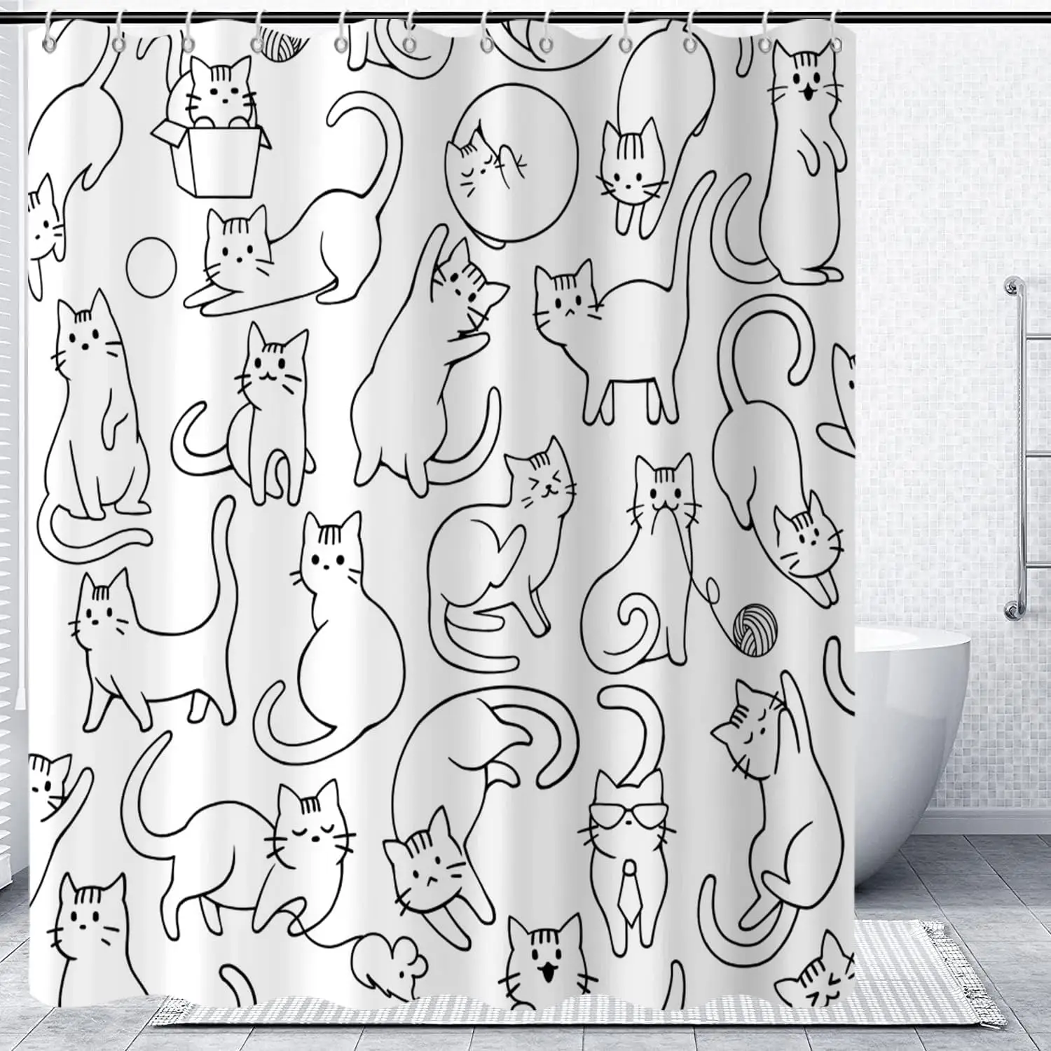 Black & White Cat Sketch Shower Curtain – Cute Kitten Cartoon, Funny Animal Bathroom Decor 12PCS Hooks 71X71i