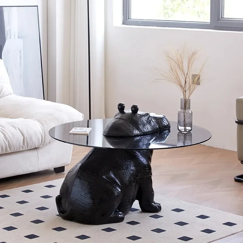 โต๊ะกาแฟฮิปโป สำหรับห้องนั่งเล่น สไตล์เรโทร สร้างสรรค์ กระจกนิรภัยทรงกลม ขนาดเล็ก เหมาะสำหรับอพาร์ทเมนต์ โต๊ะดีไซน์เนอร์