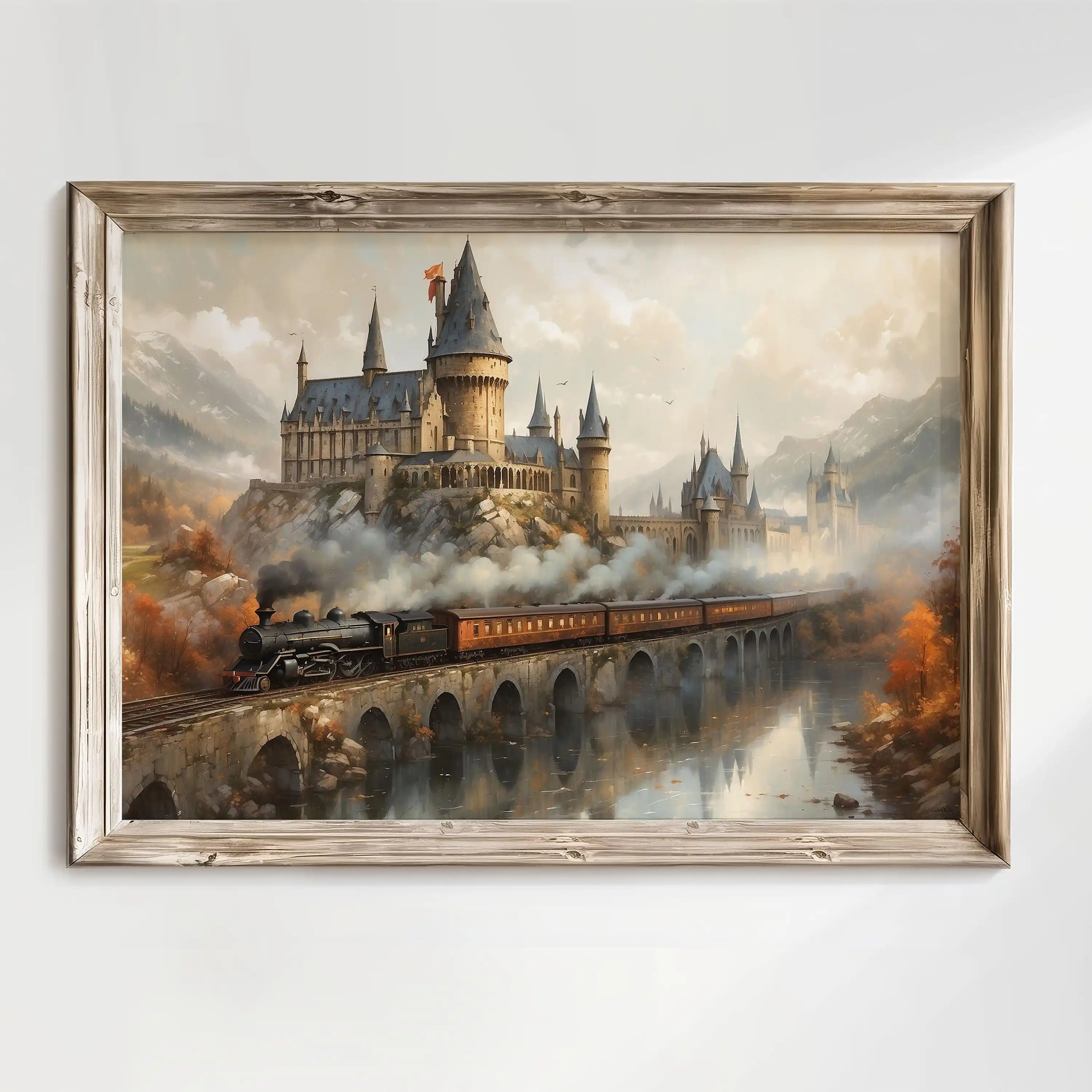 Fantasy Steam Train Wizard Castle Winter Landscape Poster Print Wall Art Pictures Canvas Painting Living Room Bedroom Home Decor