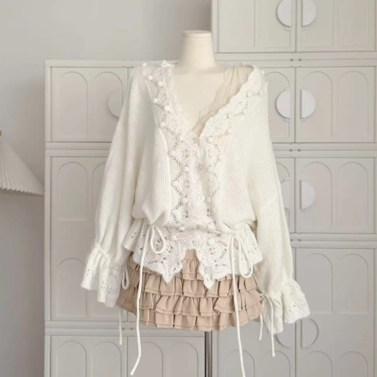 Lazy Wind Loose Hollow Crochet V-neck Sweater Women's 2025 Early Autumn Korean Drawstring Hem Knitted Cardigan