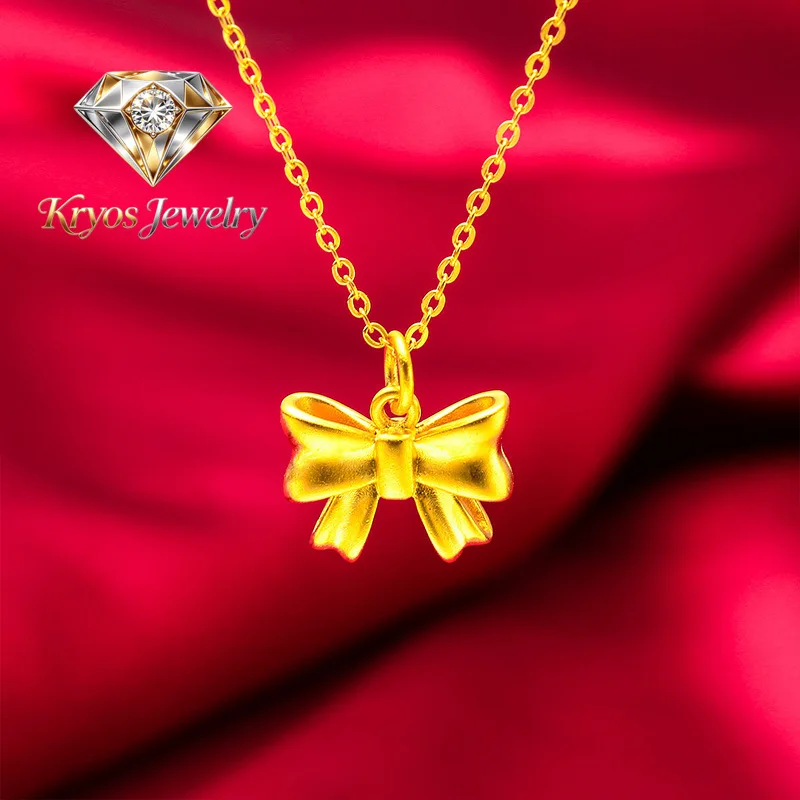 Kryos Jewelry 24K Gold Bowknot Women's Necklace, AU999 Pure Gold - Vietnam Chain Style, Bowknot Texture + Sand Gold Refraction