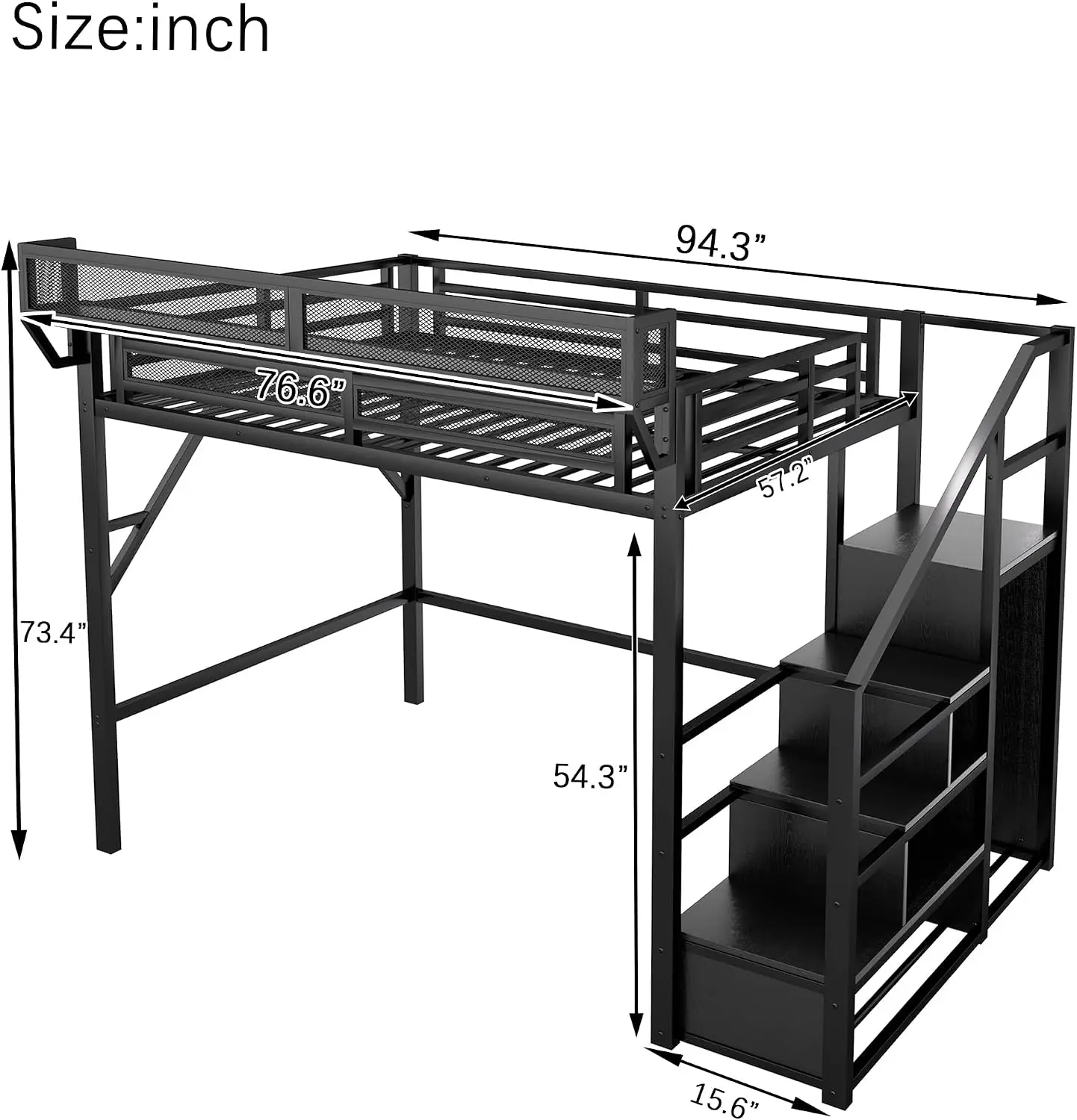 Full Size Metal Loft Bed Frame Convertible Staircase Built In Storage Shelves Wardrobe Solid Slats Guardrail No Box Spring Requi