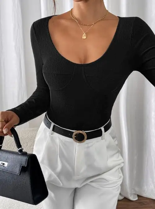 Tuta attillata lavorata a maglia a maniche lunghe nera con motivo in pile con scollo a U sexy Tuta a maniche lunghe sexy alla moda da donna autunnale