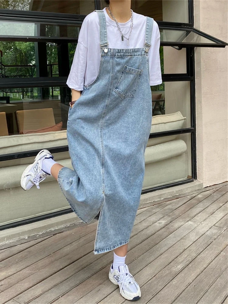 Light Blue Denim Overalls Women's Two-Piece Set Summer New Loose Hong Kong Style Denim Skirt Dress Fashionable Women Outfits