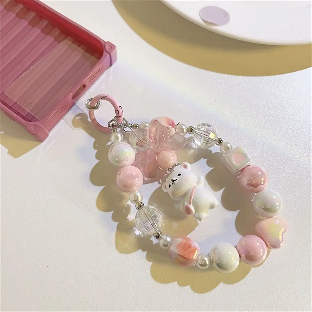 Cartoon Bear Mobile Phone Lanyard Short Style Love Beads Beads Phone Chain Handmade Anti-fall Cellphone Strap Hanging Cord