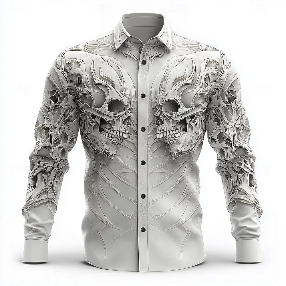 Hip hop skull print shirt men's street wear new long sleeved top city fashion pattern print T-shirt casual loose Gothic top