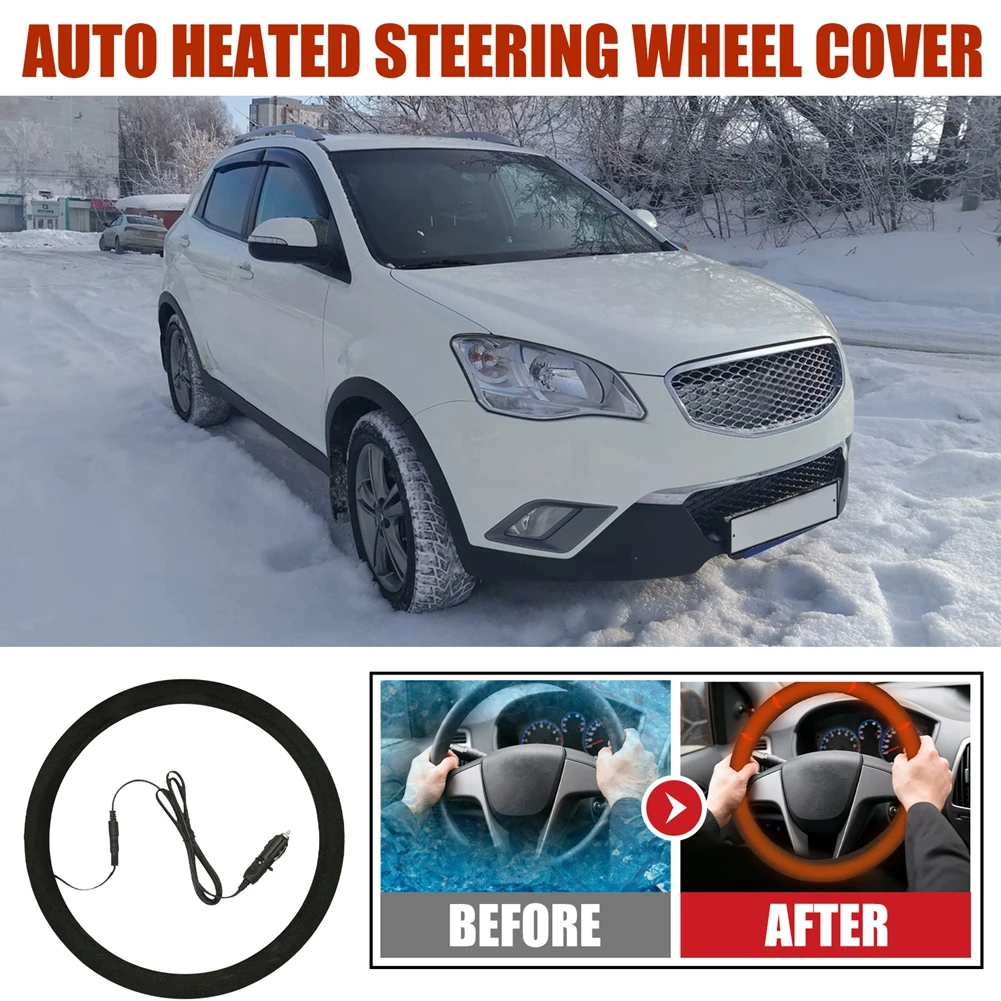 

12V Heated Steering Wheel Cover with Cigarette Lighter Winter Warm Heating Steering Wheel Protector for Cars Vans Trucks Black