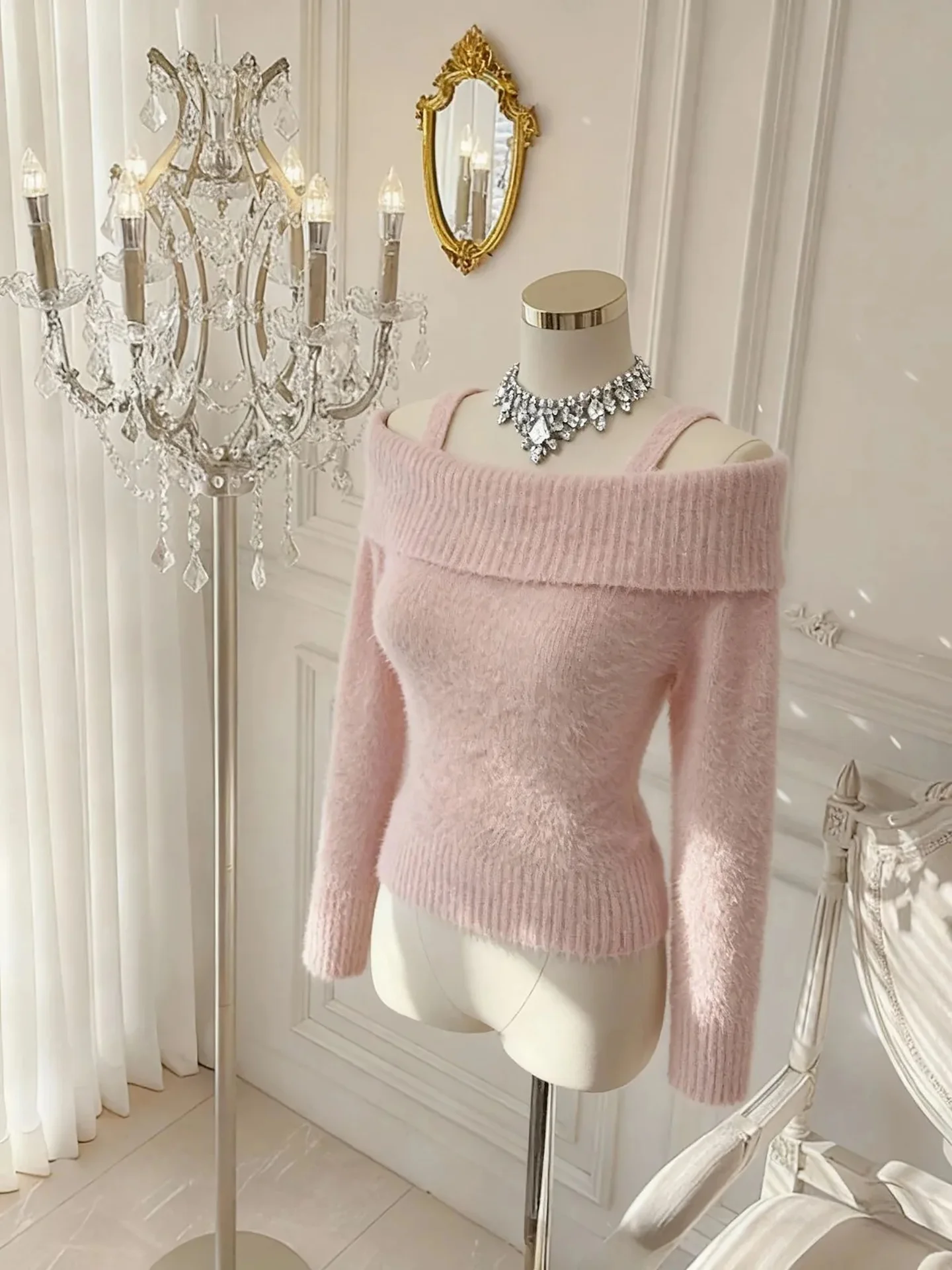 Pull rose mignon pour femme, haut coréen paresseux, chaud, une épaule, polyvalent, doux et confortable, nouvelle collection hiver