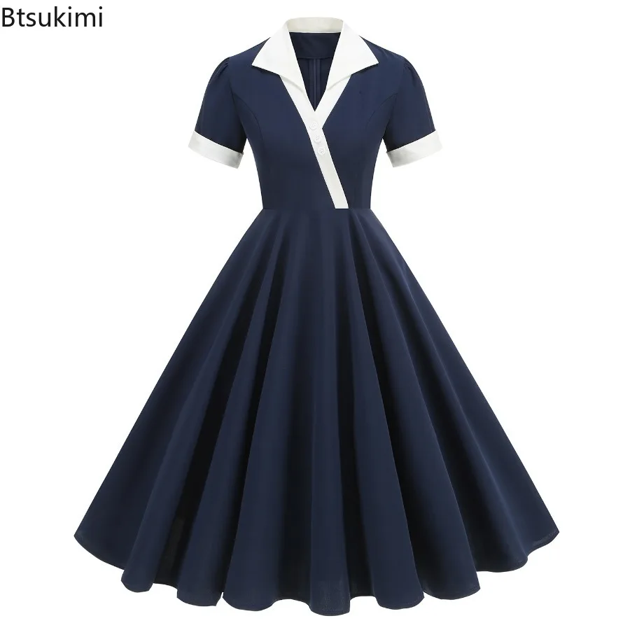 

New 2025 Hepburn Style Women's Vintage Splicing Color Dress Turn-down Collar A-line Evening Swing Ladies Dress Rockabilly Party